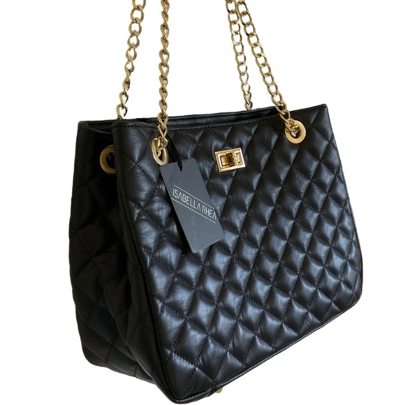 Isabella Rhea black quilted leather handbag purse tote bag with chain straps NWT - Picture 3 of 5